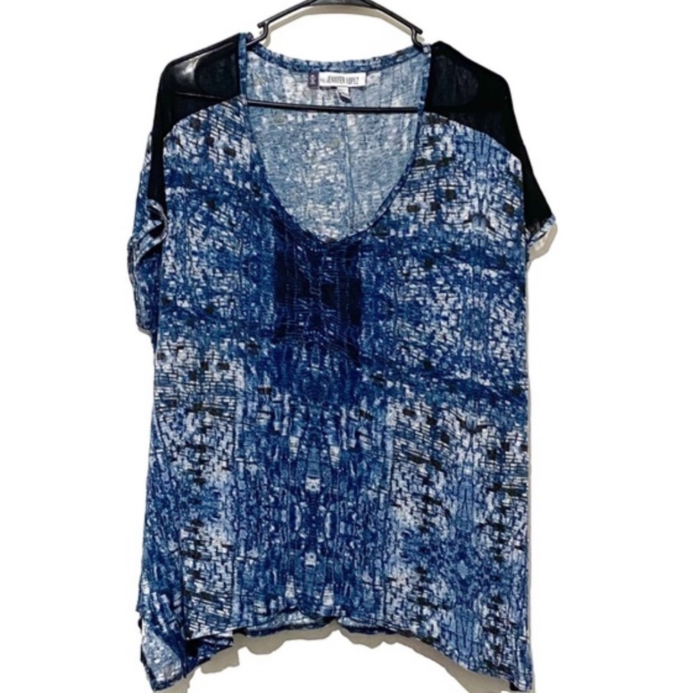 Jennifer Lopez black/blue/white tie dye short sleeve blouse